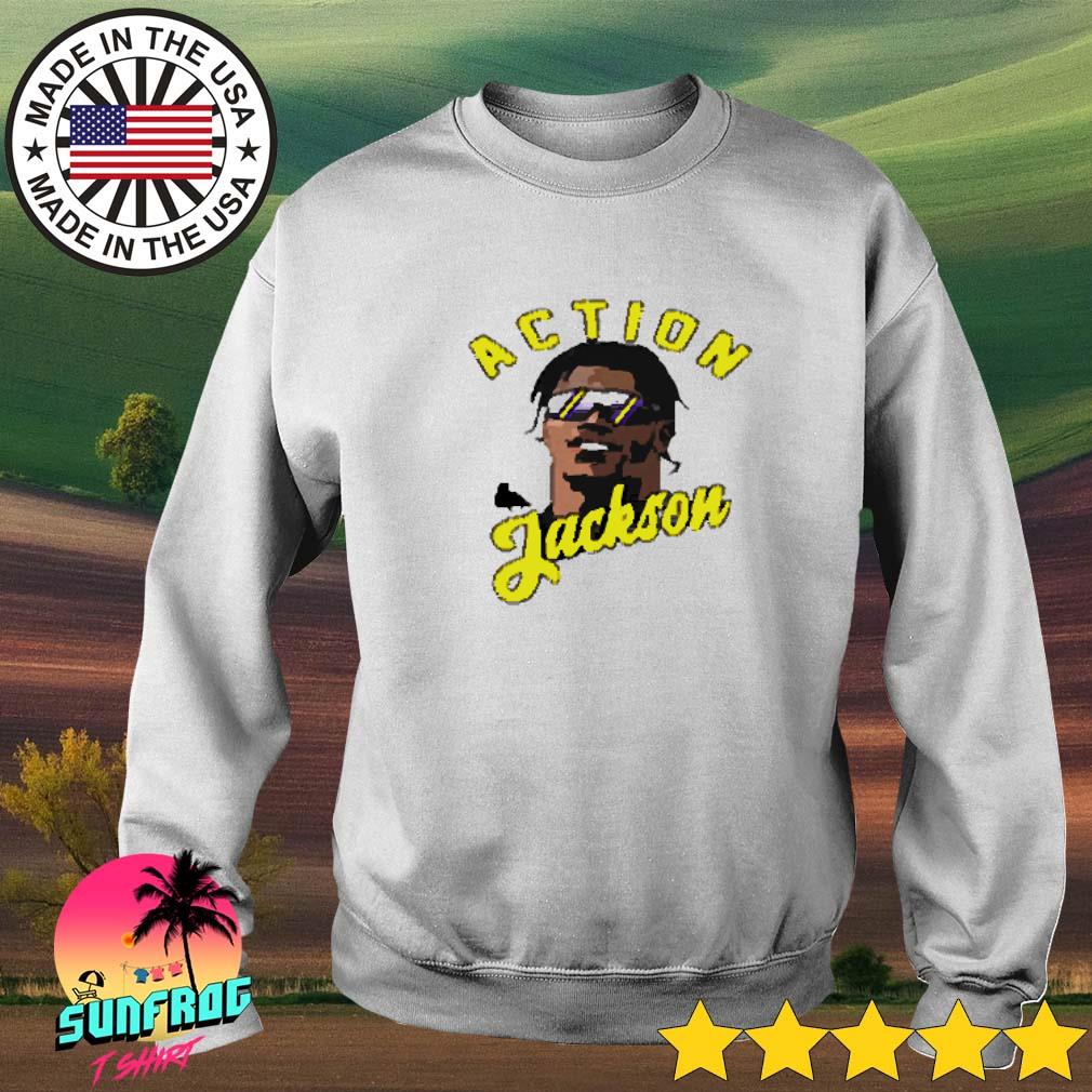 Lamar jackson action jackson baltimore ravens inspired shirt, hoodie,  longsleeve tee, sweater