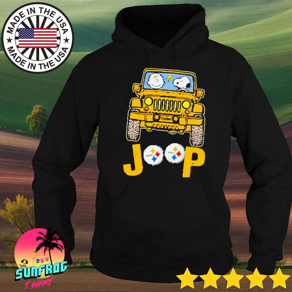 Peanuts charlie brown snoopy and Woodstock jeep Pittsburgh steelers shirt,  hoodie, sweater, long sleeve and tank top