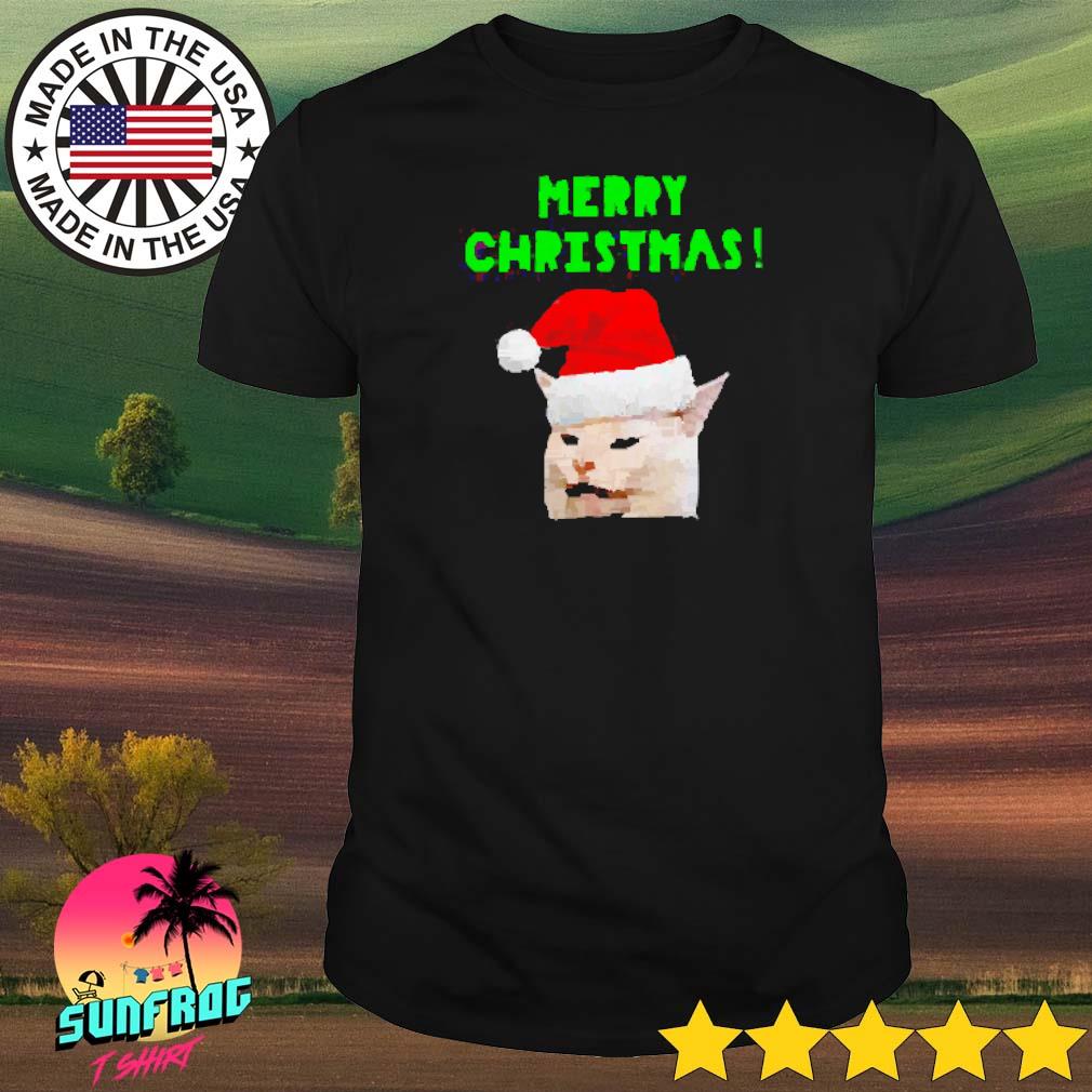 Yelling woman cat merry Christmas shirt